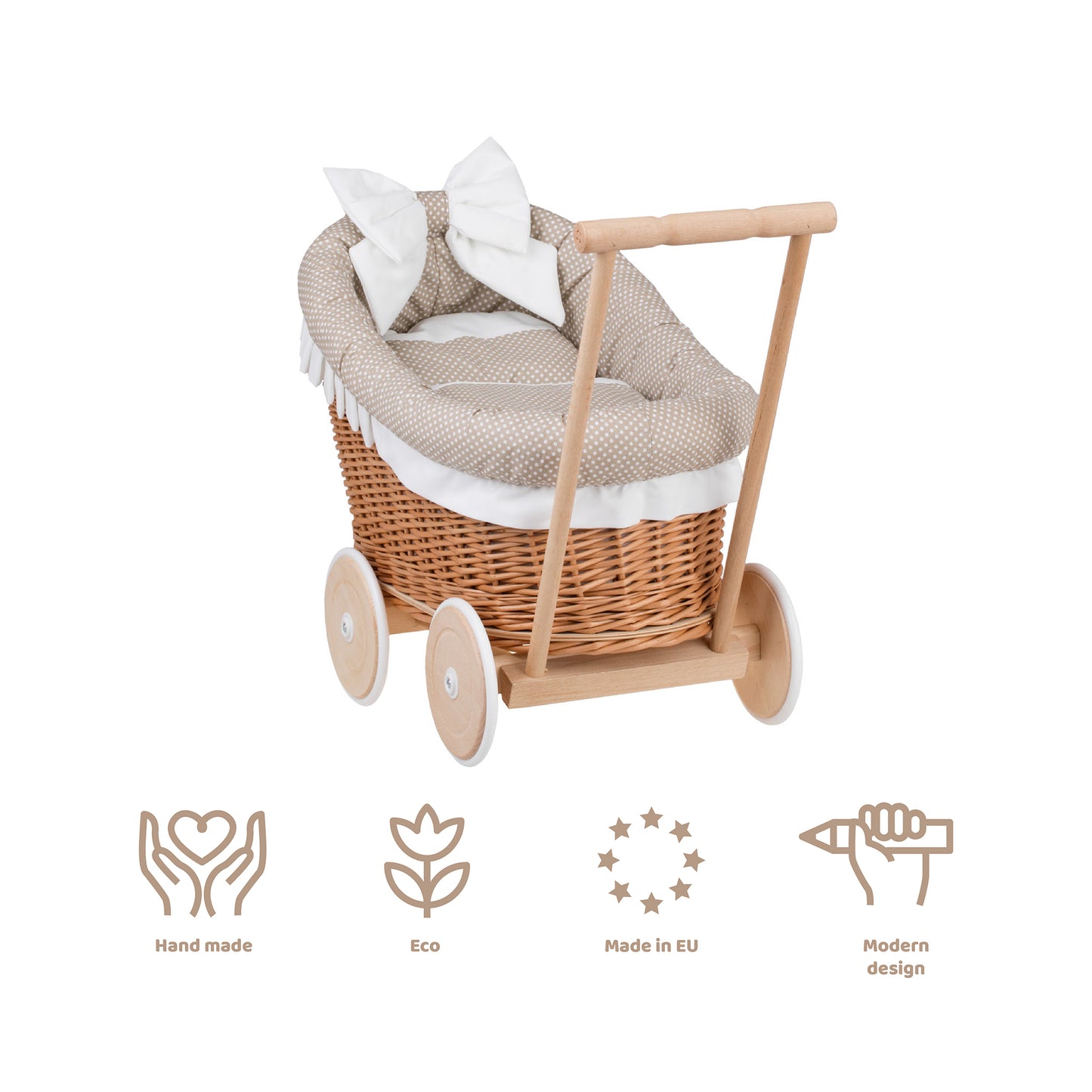 Luna vikledukkevogn med beige kanting, dyne og pute