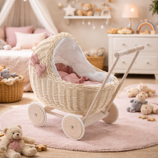wicker doll stroller with linen trim and pink bedding, including a quilt, pillow, and handle