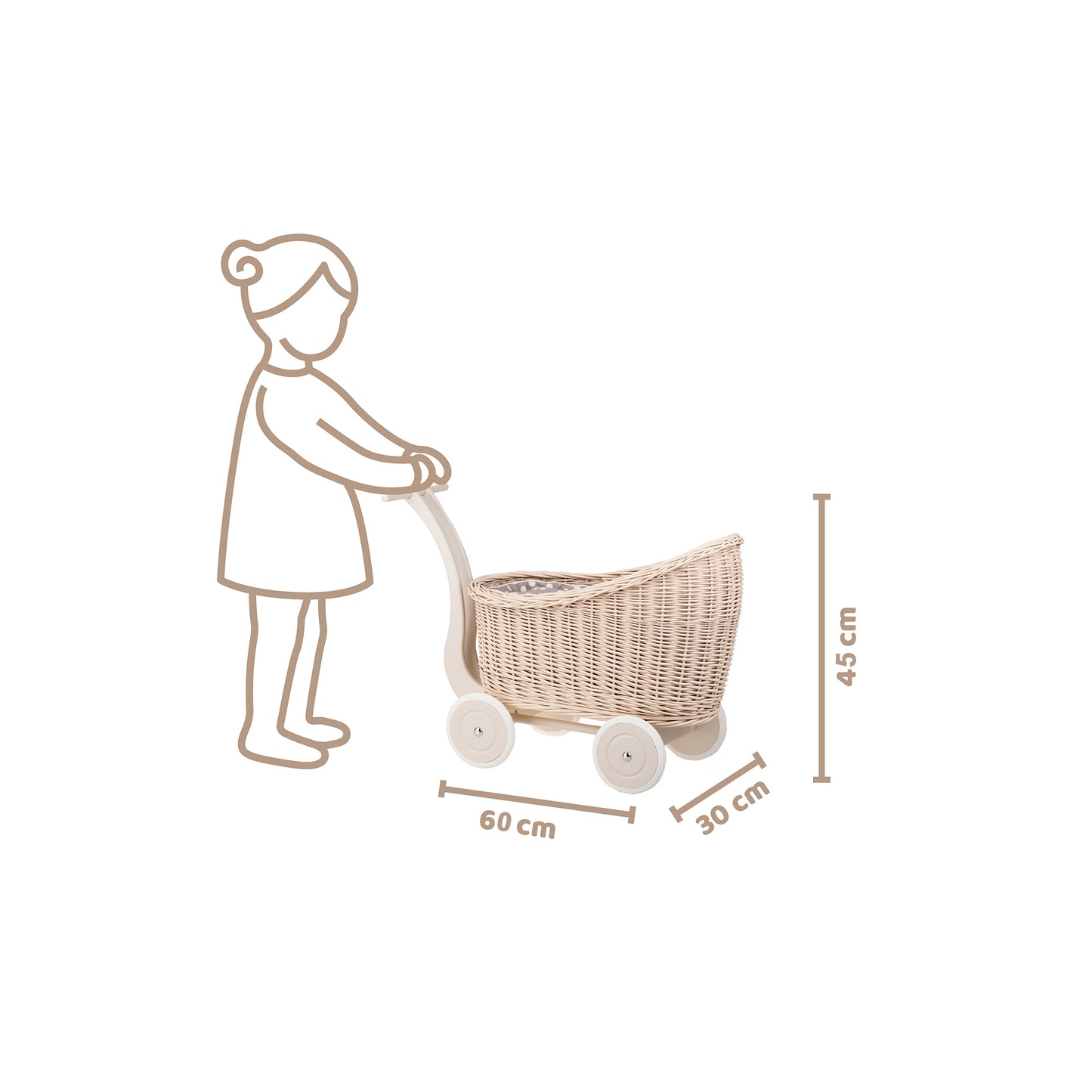 Luna wicker doll stroller with beige trim, blanket, and pillow