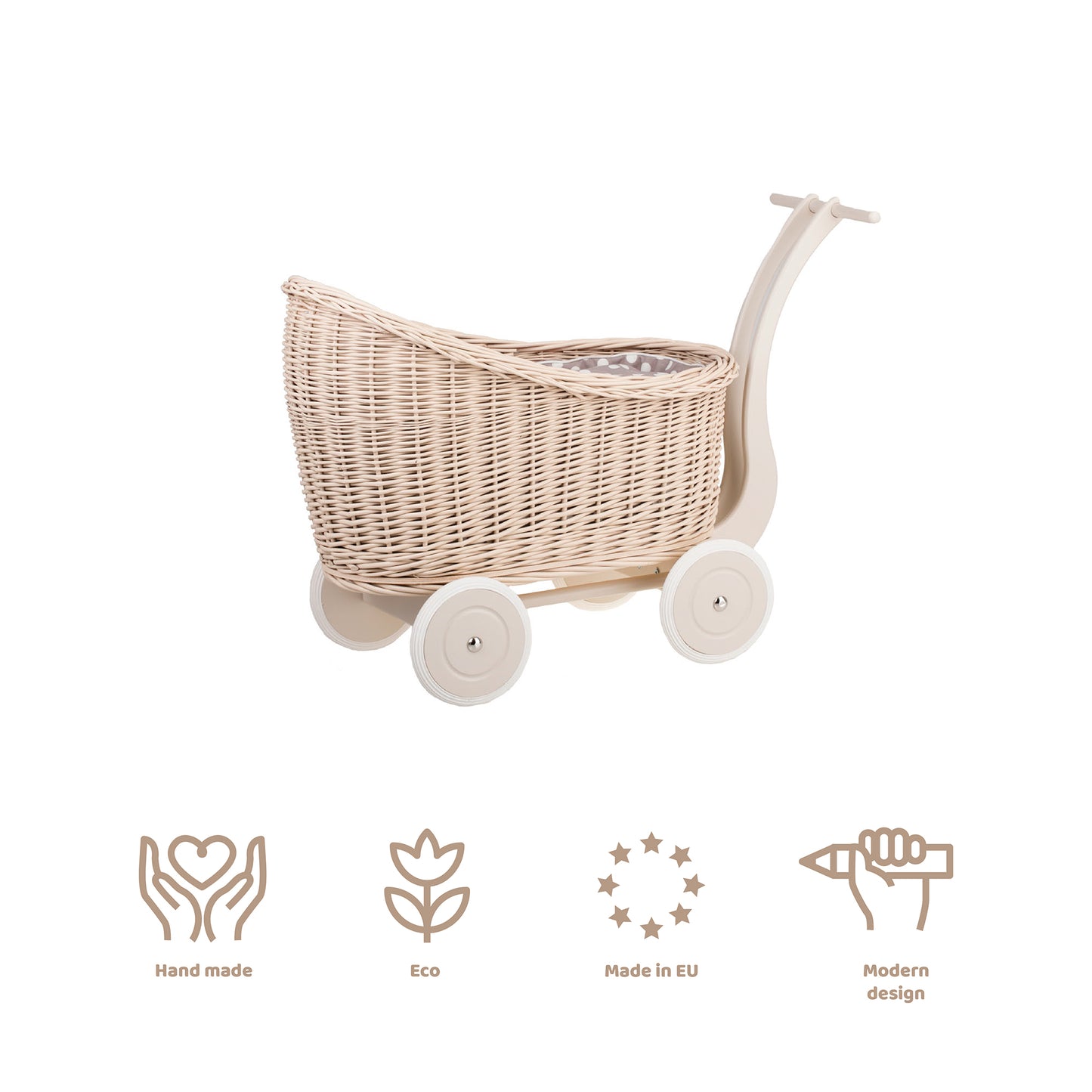 Luna wicker doll stroller with beige trim, blanket, and pillow