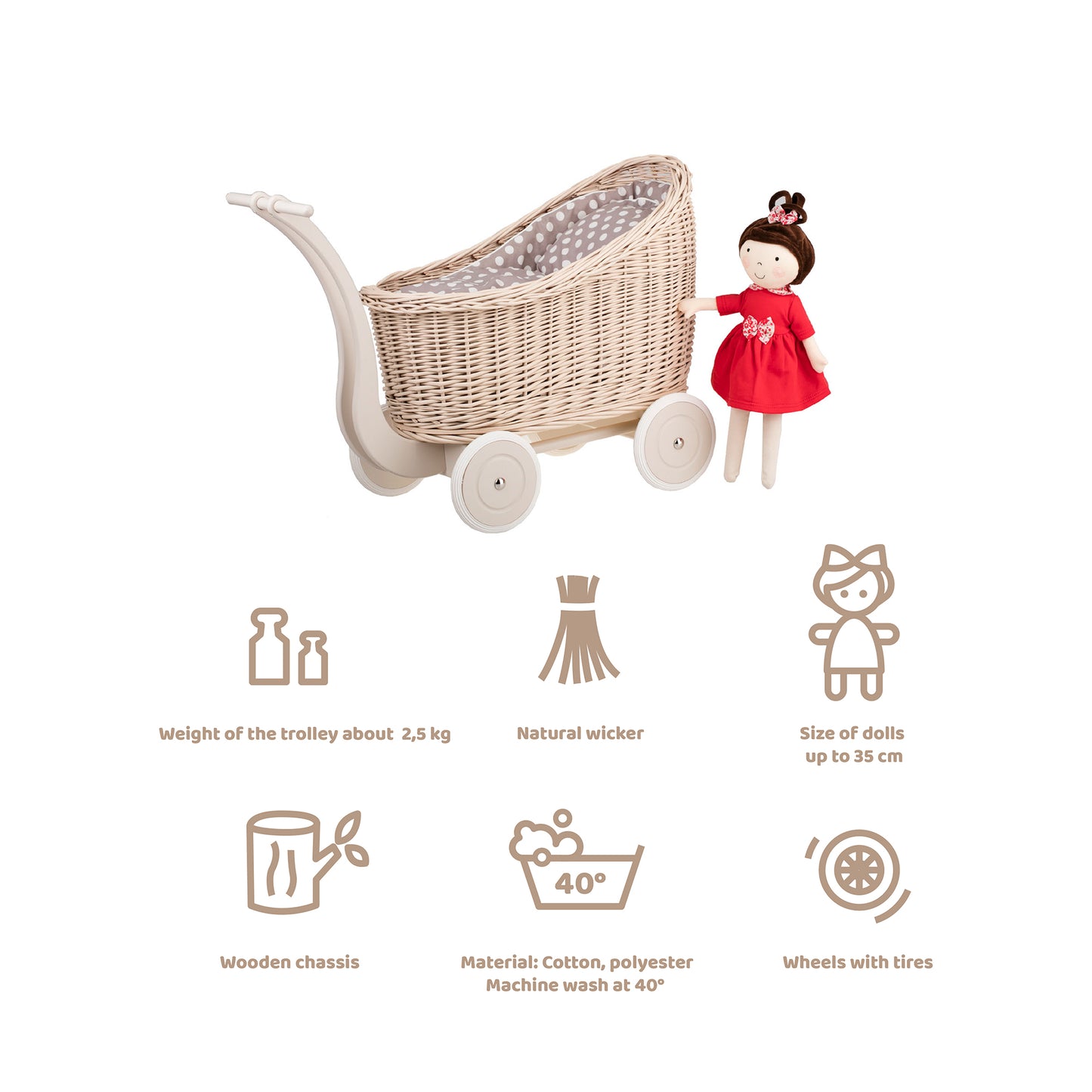 Luna wicker doll stroller with beige trim, blanket, and pillow