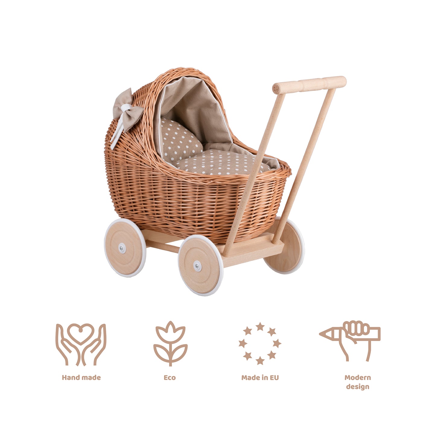 Lili wicker doll stroller with beige trim, blanket, and pillow