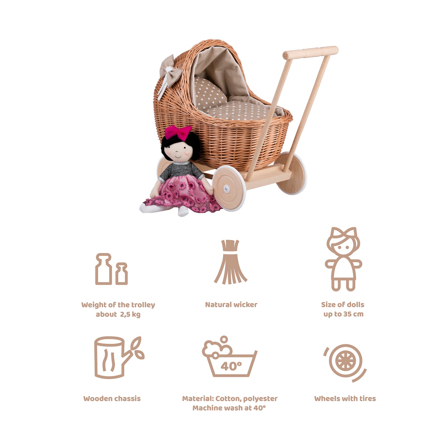 Lili wicker doll stroller with beige trim, blanket, and pillow