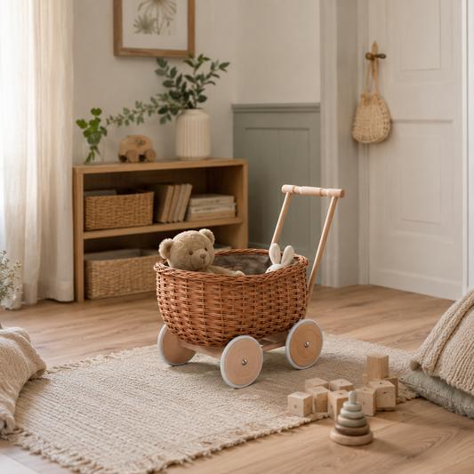 wicker pushcart with beige lining