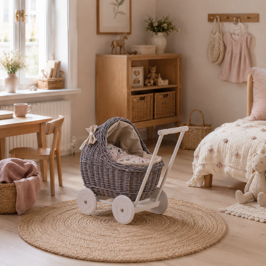 wicker doll stroller with beige trim, blanket, and pillow