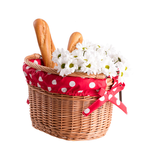 Magnus wicker bike basket with red trim, with handle and hooks TheWickerStories