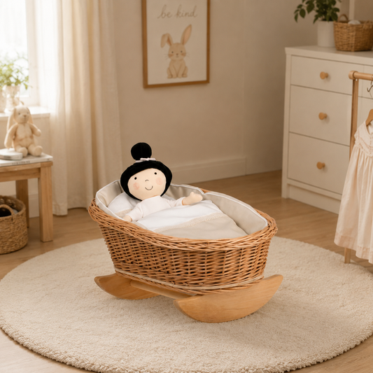wicker cradle for dolls with beige lining, pillow and duvet