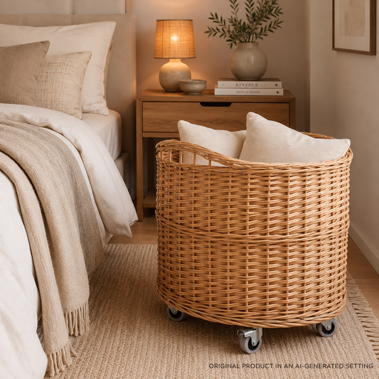 Caros large round mobile storage basket, wicker display basket TheWickerStories