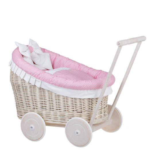 Luna wicker doll stroller with pink trim, blanket, and pillow