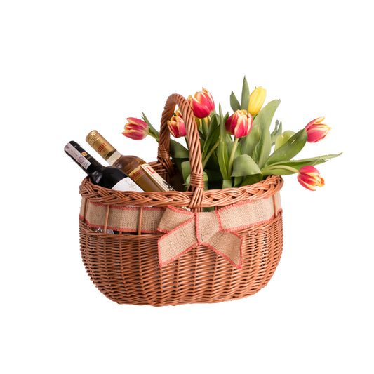 Winalia Rieten boodschappenmand met jute-afwerking, strikje en hengsel