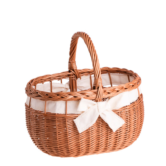 Winalia Rieten boodschappenmand met crèmekleurige afwerking, hengsel en strik