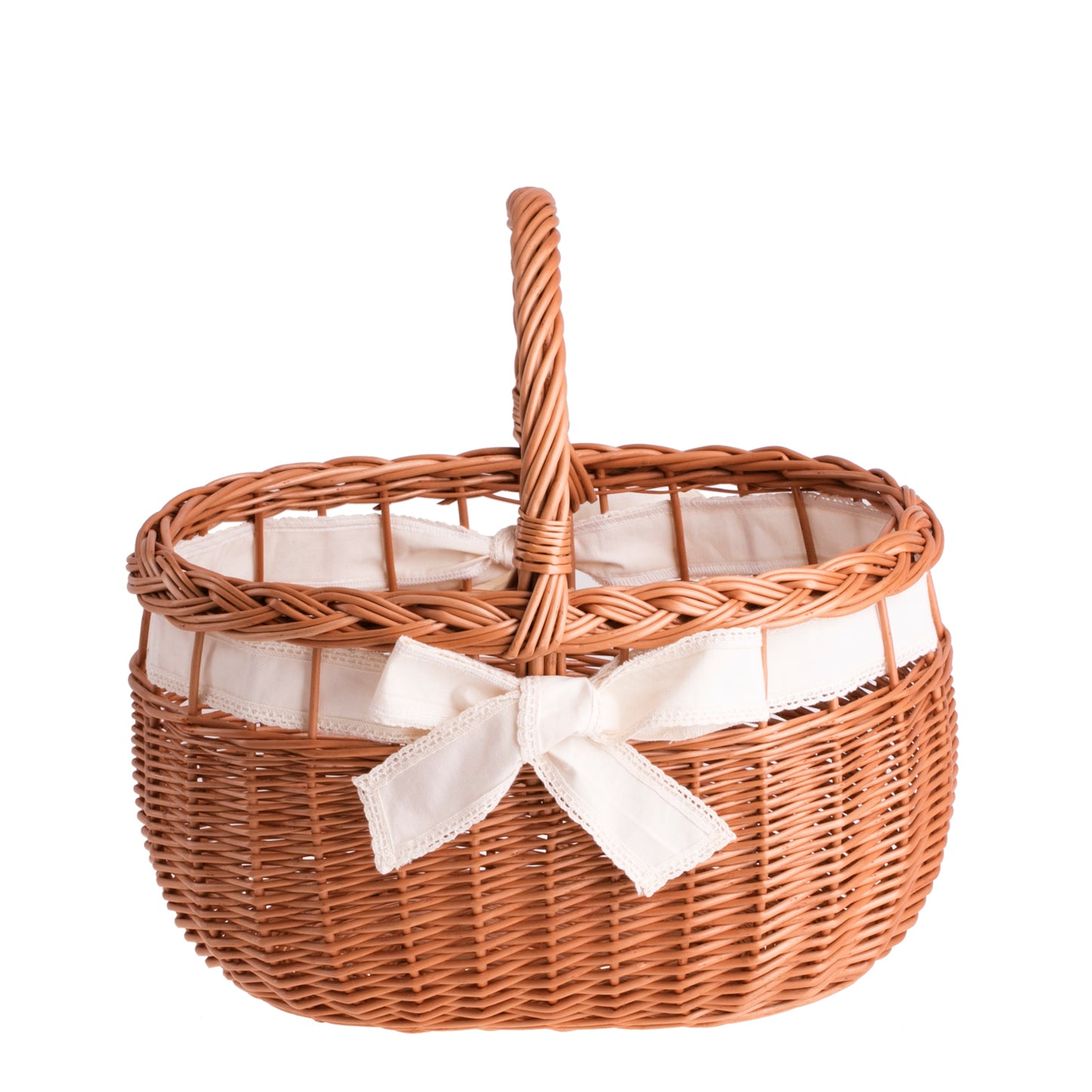 Winalia Rieten boodschappenmand met crèmekleurige afwerking, hengsel en strik