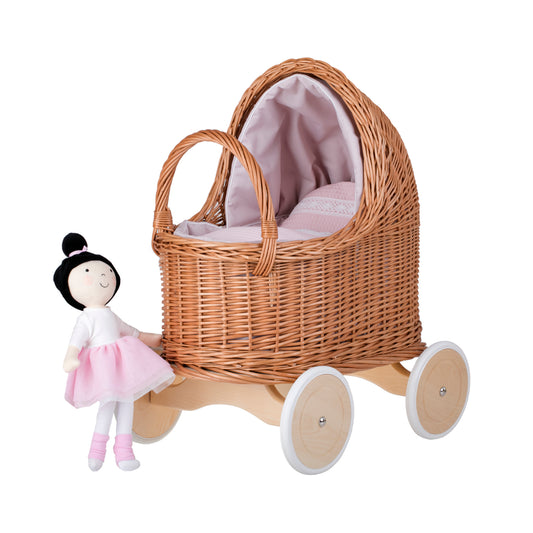 Lara wicker doll stroller with pink trim, blanket, and pillow