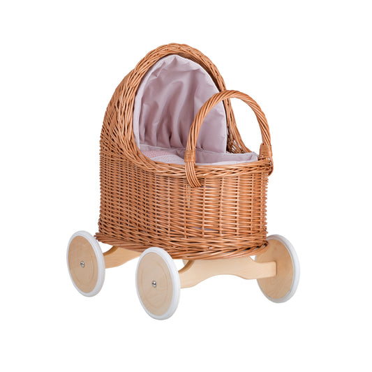 Lara wicker doll stroller with pink trim, blanket, and pillow