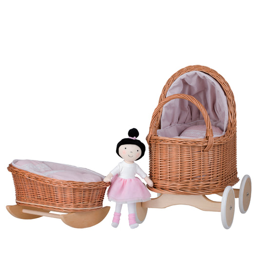 Lara wicker doll stroller and cradle with pink trim, blanket, and pillow