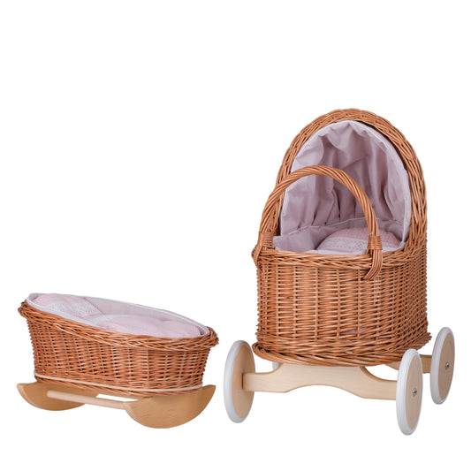 Lara wicker doll stroller and cradle with pink trim, blanket, and pillow