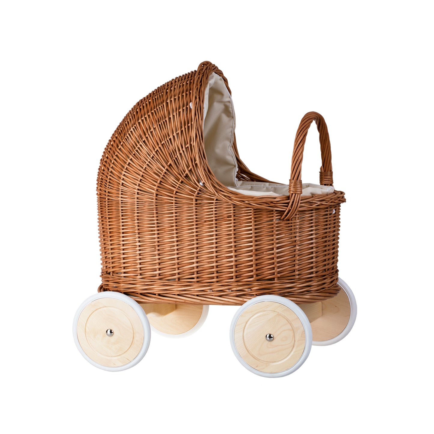 Lara rietenen poppenwagen en wieg met beige afwerking, dekentje en kussen