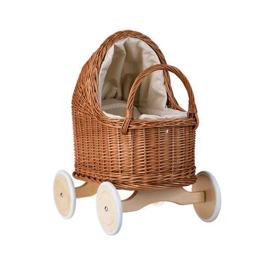Lara wicker doll stroller with beige trim, blanket, and pillow