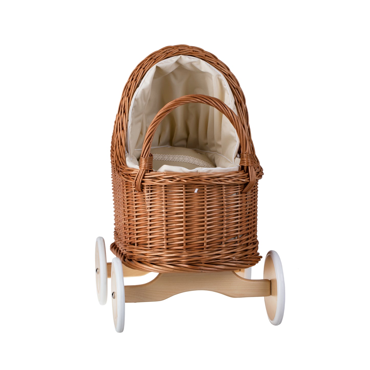 Lara rietenen poppenwagen en wieg met beige afwerking, dekentje en kussen