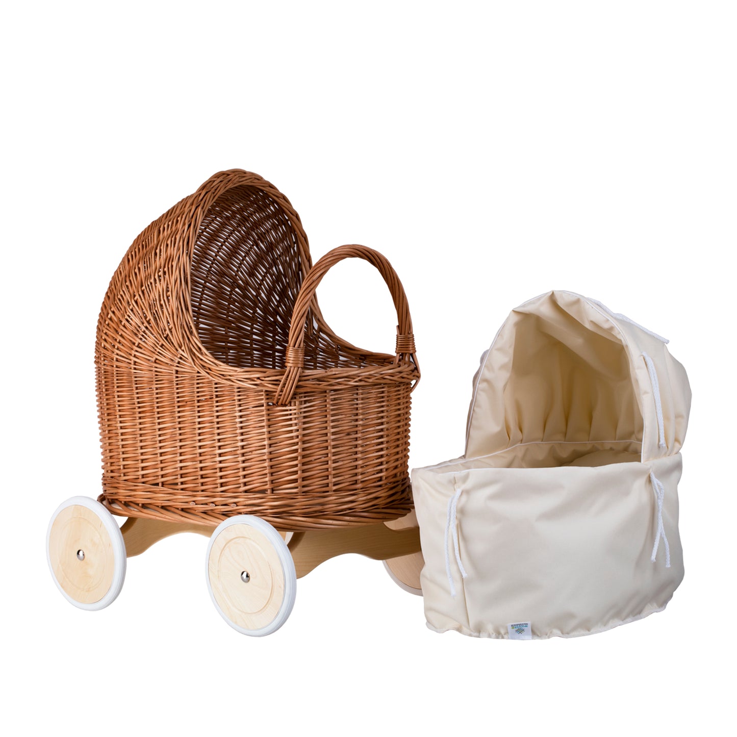 Lara rietenen poppenwagen en wieg met beige afwerking, dekentje en kussen