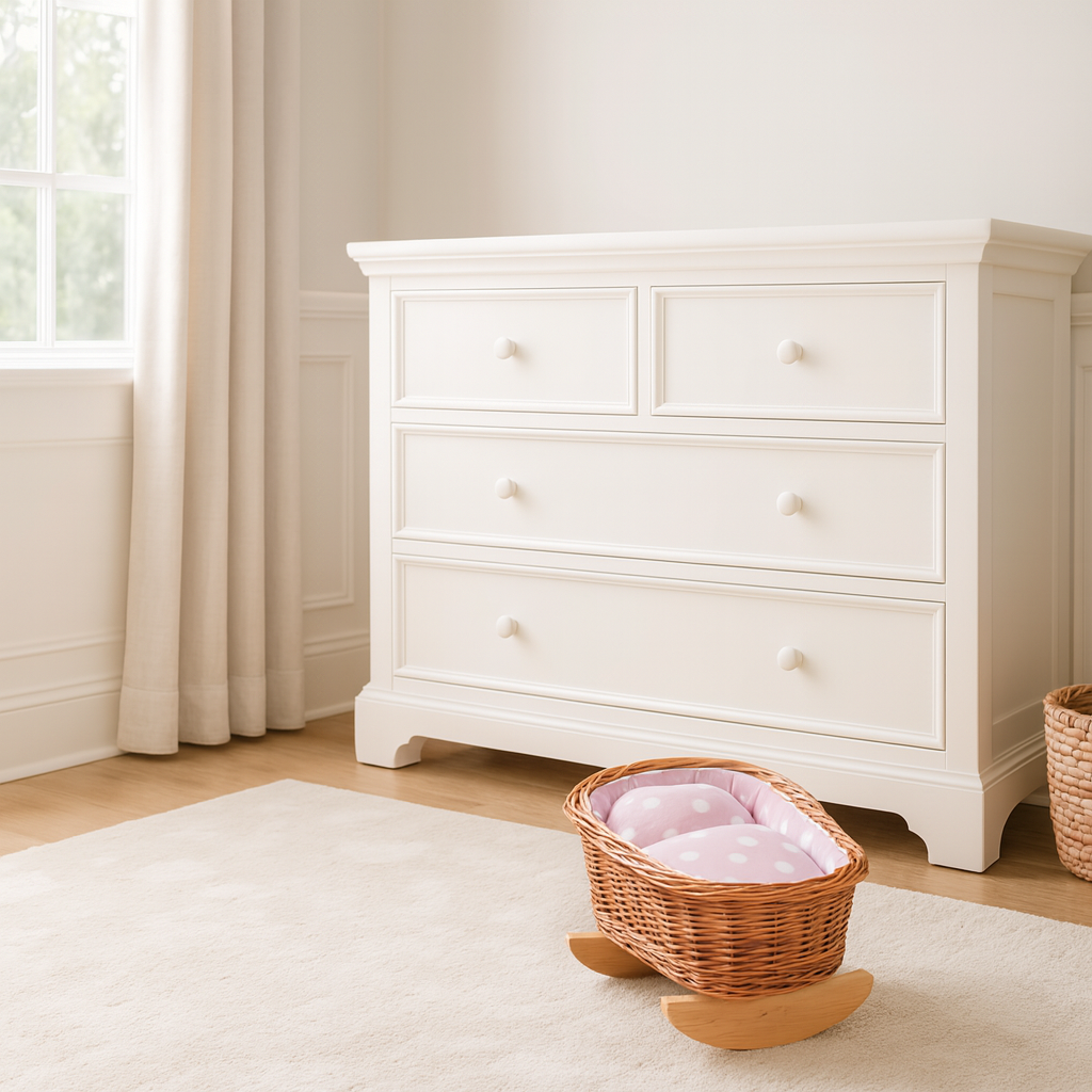 Mimi wicker cradle for dolls with pink lining, pillow and duvet TheWickerStories