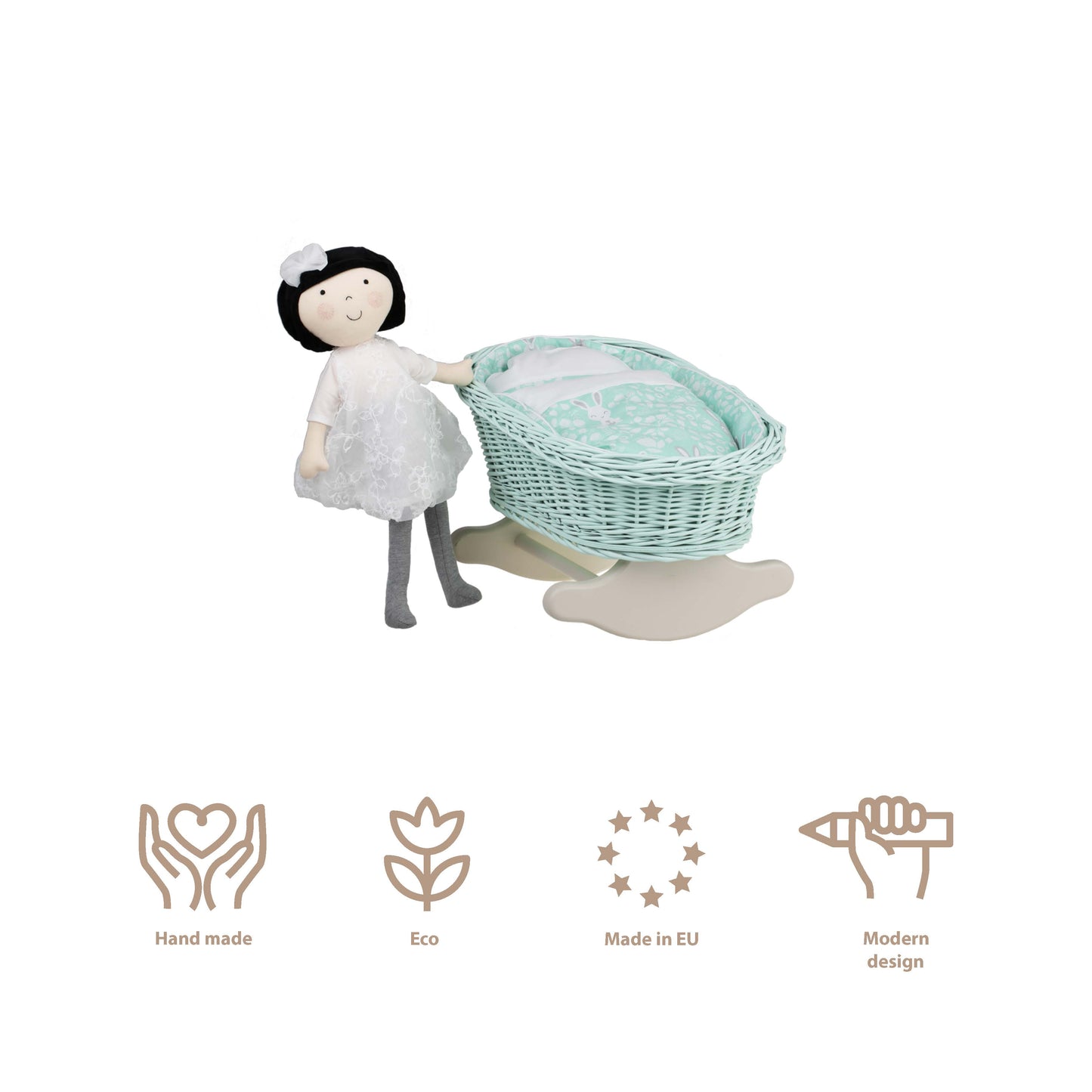 Mimi wicker cradle for dolls with mint lining, pillow and quilt TheWickerStories