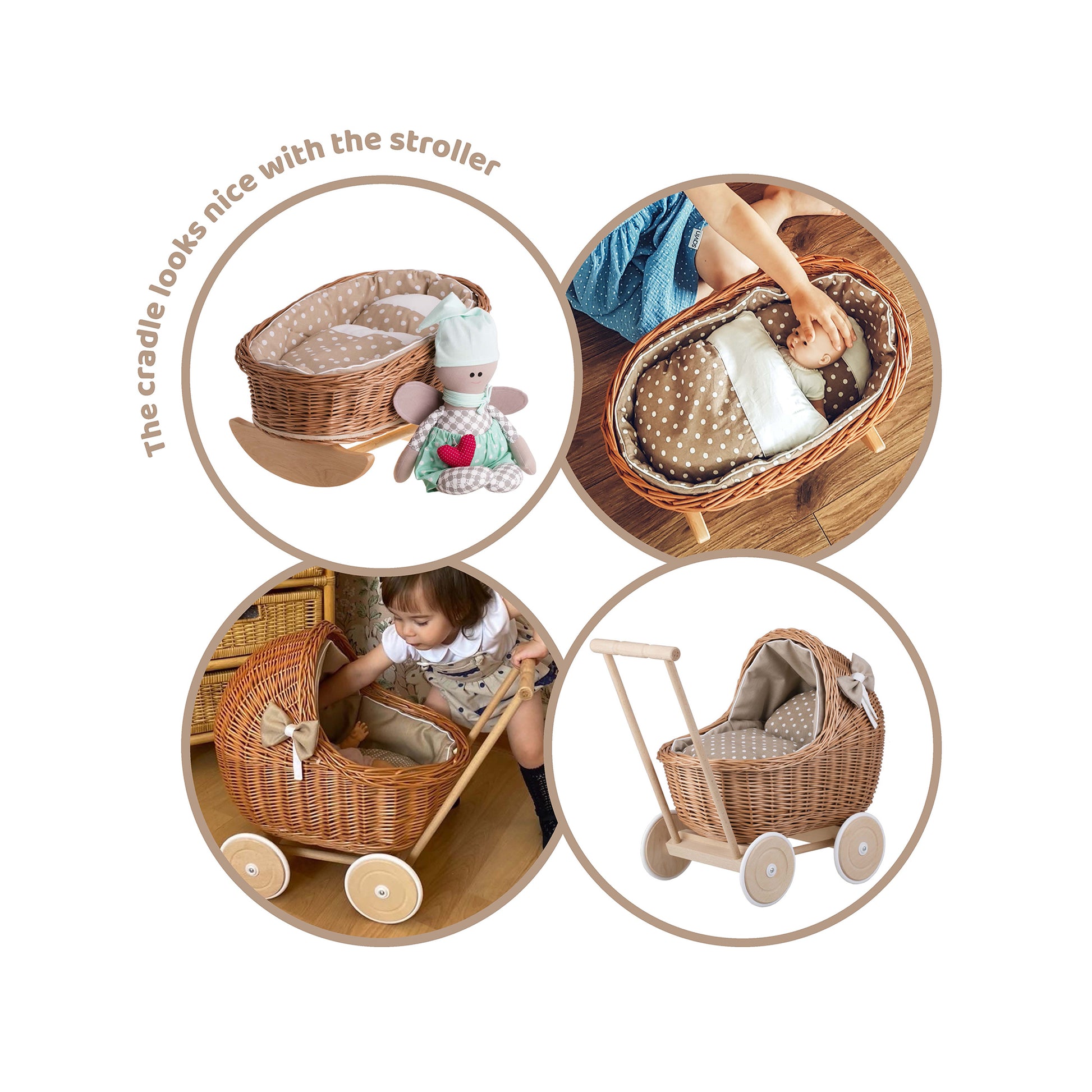 wicker cradle for dolls with beige lining, pillow and quilt