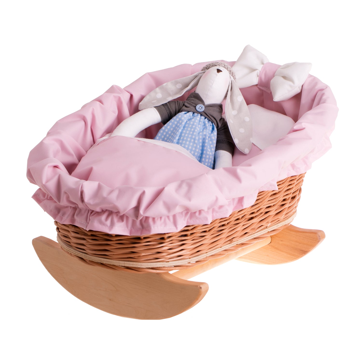 wicker cradle for dolls with pink trim, pillow and blanket