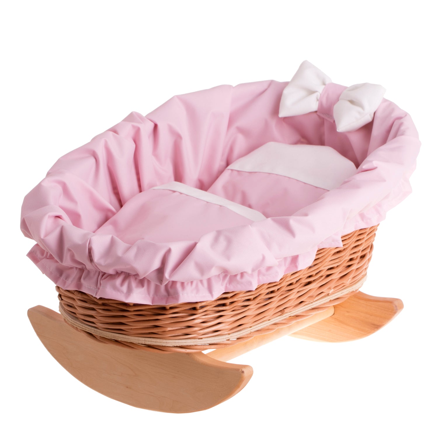 wicker cradle for dolls with pink trim, pillow and blanket