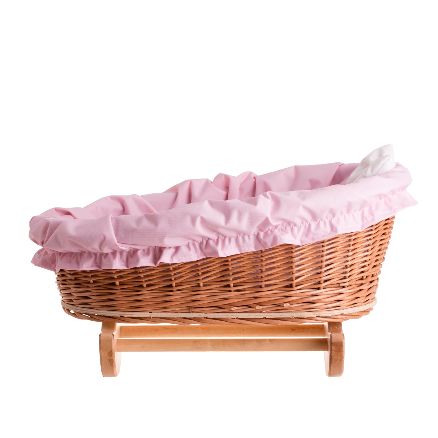 Mimi wicker cradle for dolls with pink trim, pillow and blanket TheWickerStories