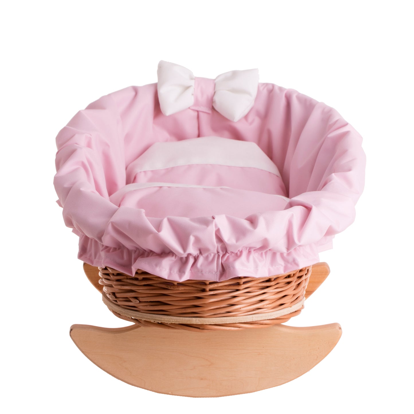 Mimi wicker cradle for dolls with pink trim, pillow and blanket TheWickerStories