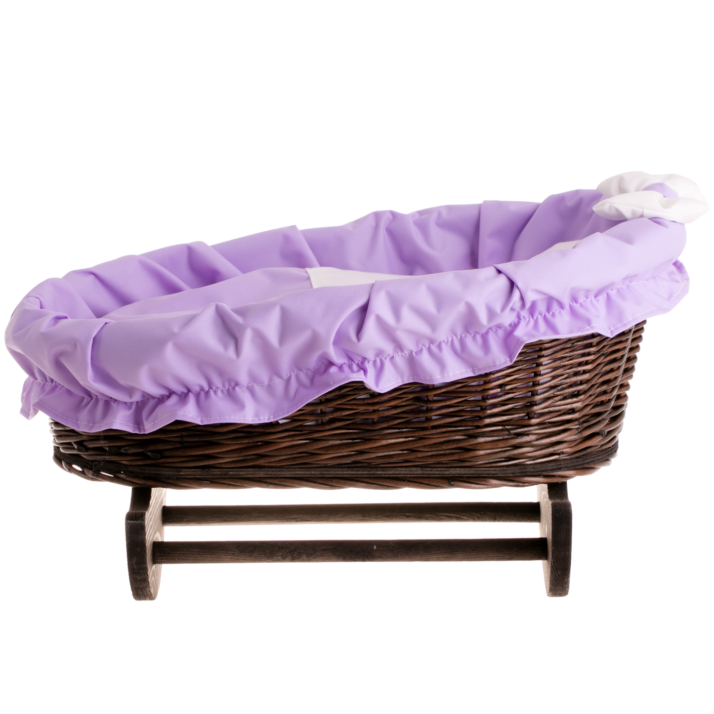 Mimi wicker doll cradle basket with purple trim, mattress, quilt, and pillow, on wooden runners TheWickerStories