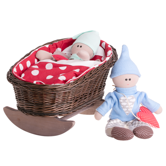 Handgemaakte rieten poppenwiege met rode bies, inclusief kussentje en dekentje