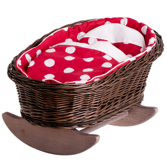 Mimi Handgemaakte rieten poppenwiege met rode bies, inclusief kussentje en dekentje