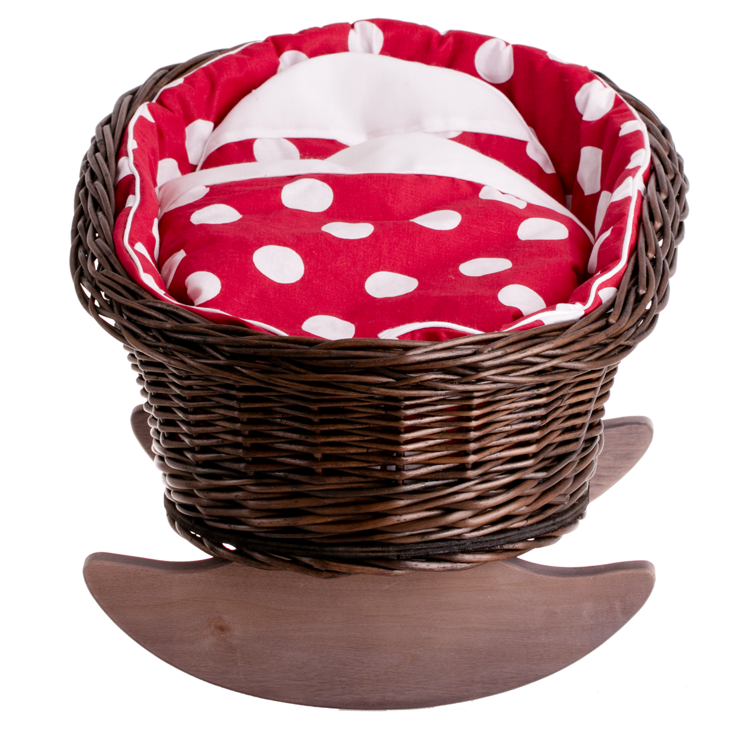 Mimi Handgemaakte rieten poppenwiege met rode bies, inclusief kussentje en dekentje