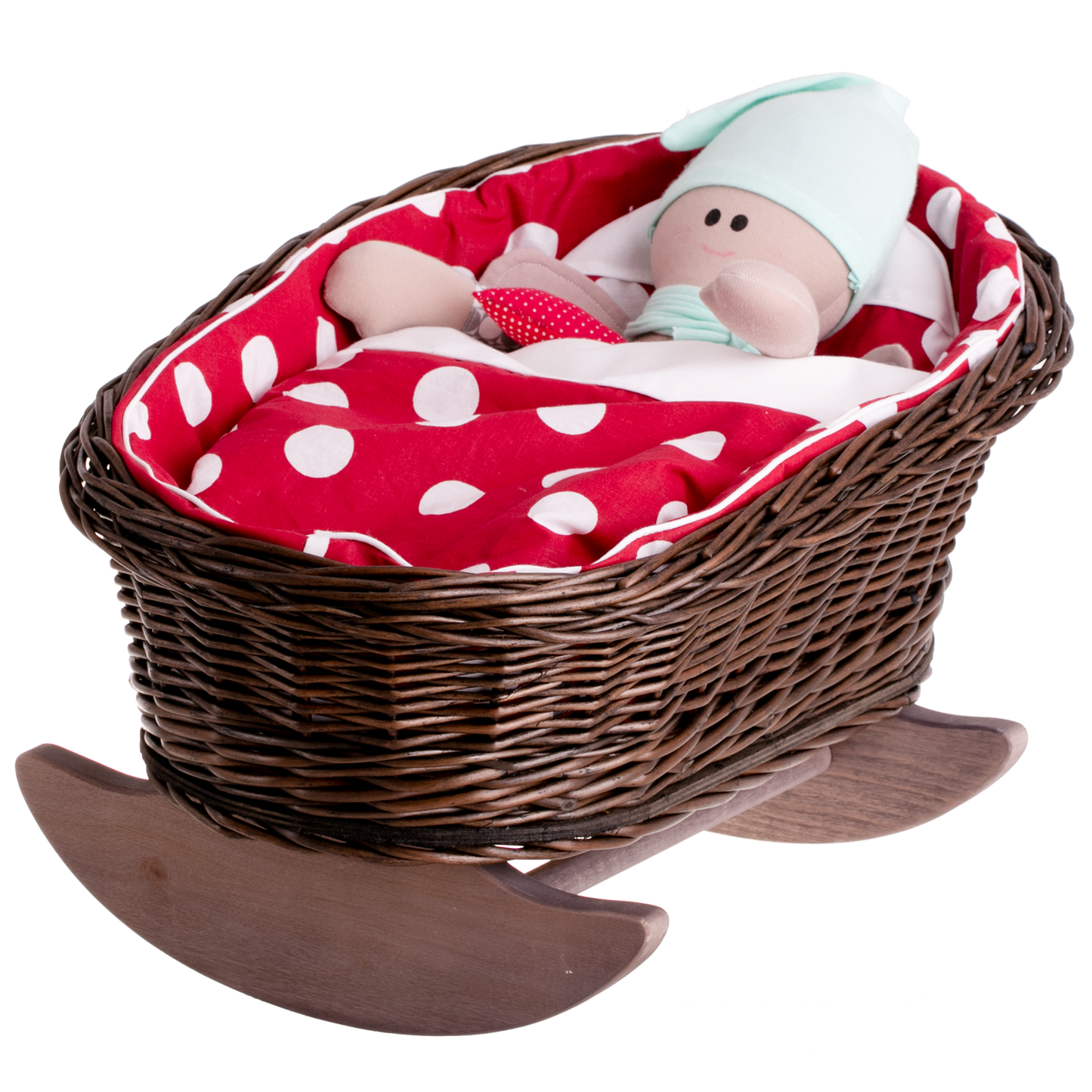 Mimi Handgemaakte rieten poppenwiege met rode bies, inclusief kussentje en dekentje