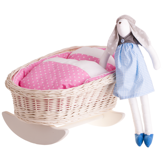 Mimi wicker cradle for dolls with pink lining, pillow and duvet