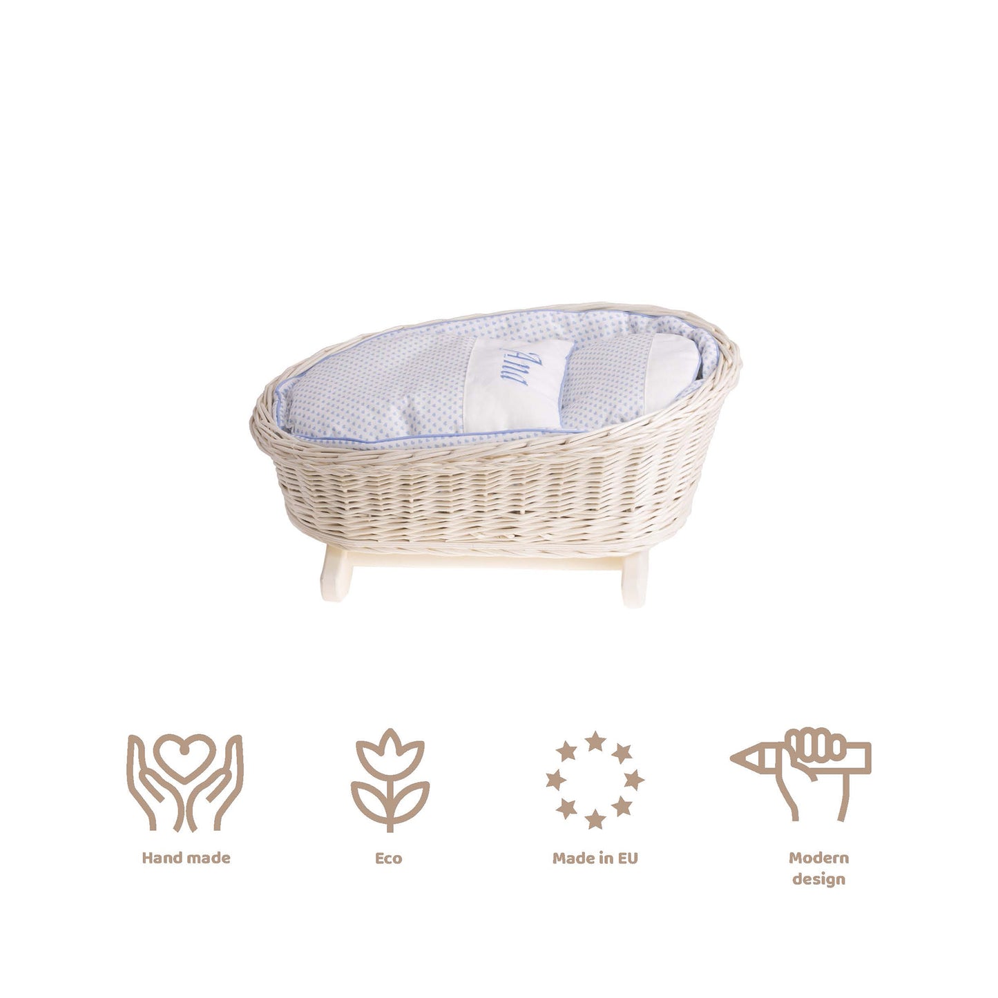 Mimi wicker cradle for dolls with personalization, blue lining, pillow and duvet TheWickerStories