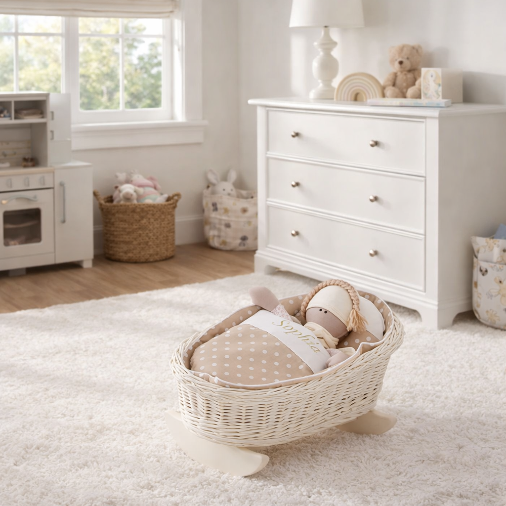 Mimi wicker cradle for dolls with personalization, beige lining, pillow and duvet TheWickerStories