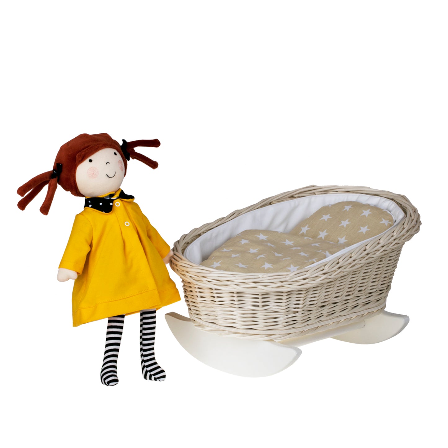 Mimi rieten wieg voor poppen met witte bekleding, kussen en dekbed TheWickerStories