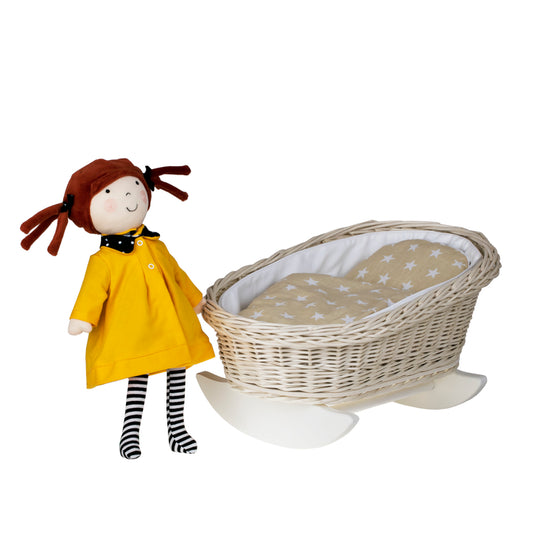 berço de vime para bonecas com forro branco, almofada e edredom