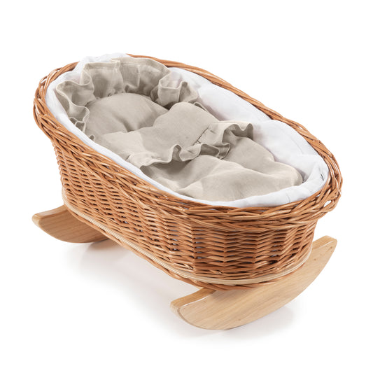 Mimi Rieten poppenwieg met witte bies, kussentje en dekentje, op beukenhouten sleden