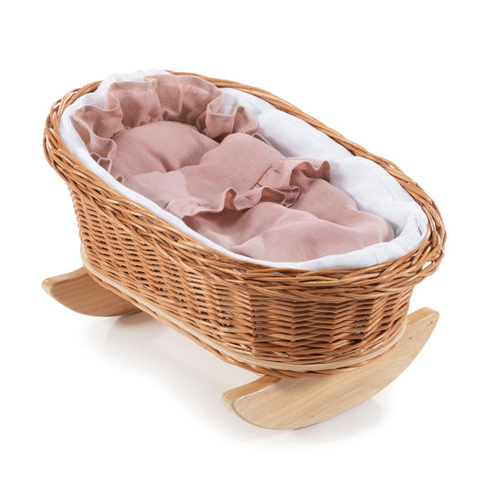 Mimi Rieten poppenwieg met witte bies, inclusief kussentje en dekentje