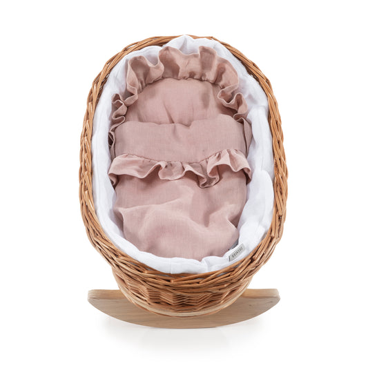 Mimi Rieten poppenwieg met witte bies, inclusief kussentje en dekentje