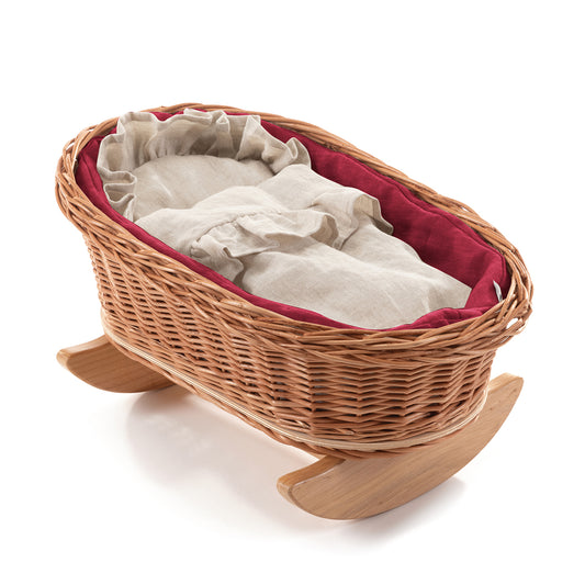 Mimi Rieten wiegje voor poppen met rode bies, inclusief kussentje en dekentje