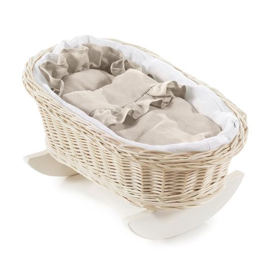Mimi Rieten poppenwieg met witte bies, inclusief kussentje en dekentje, op slede