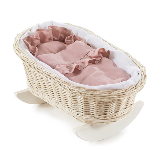 Mimi Rotan poppenwiegje met roze bies, inclusief kussentje en dekentje