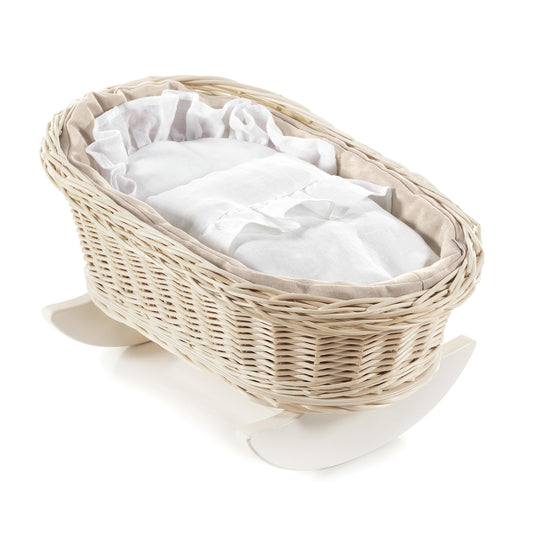 Mimi Rieten schommelwieg voor poppen met witte bies, kussentje en dekentje