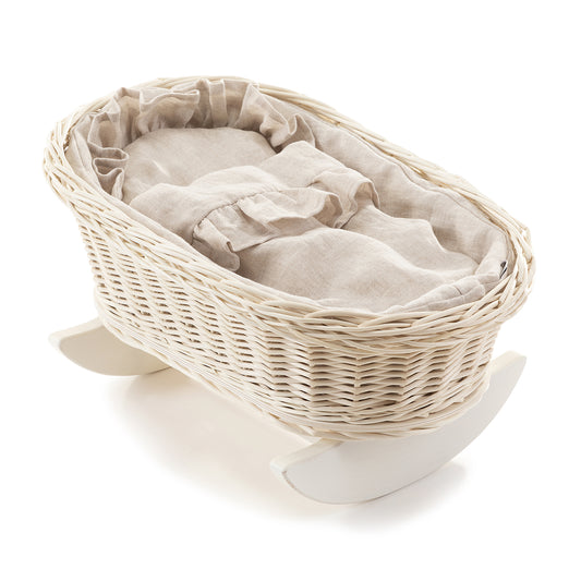 Mimi Wilgentenen poppenwiegje met linnen rand, kussentje en dekentje, op beukenhouten sledes