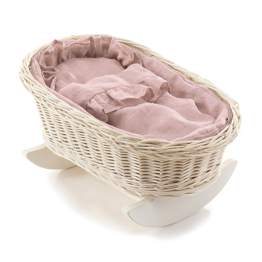 Mimi Rieten wiegmand voor poppen met roze rand, met kussentje en dekentje